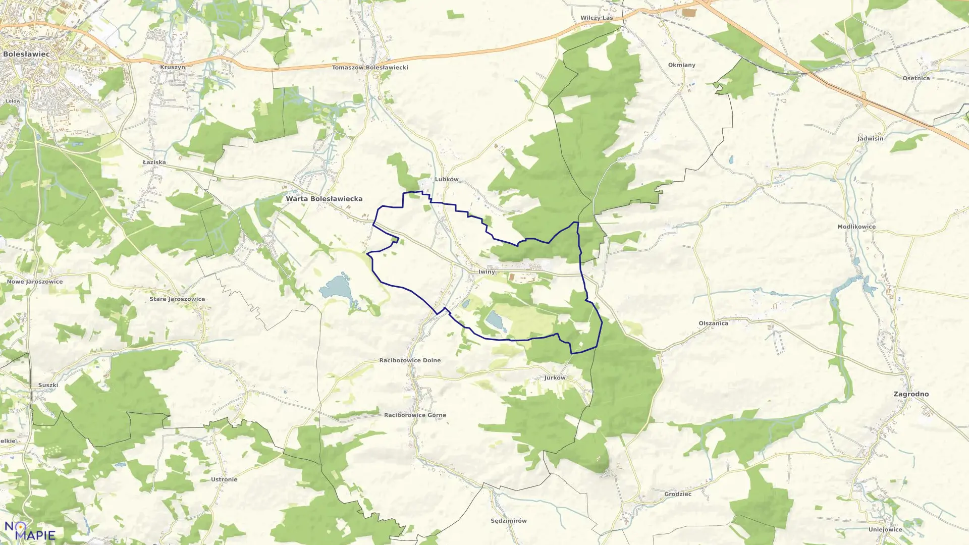 Mapa obrębu IWINY w gminie Warta Bolesławiecka