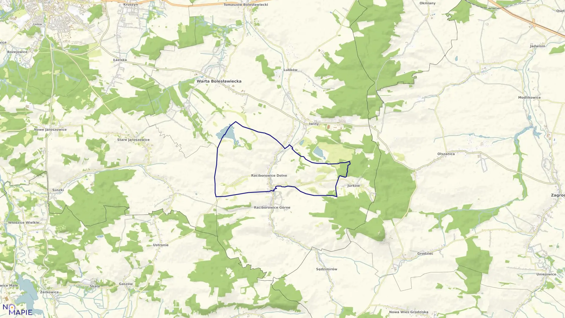 Mapa obrębu RACIBOROWICE DOLNE w gminie Warta Bolesławiecka