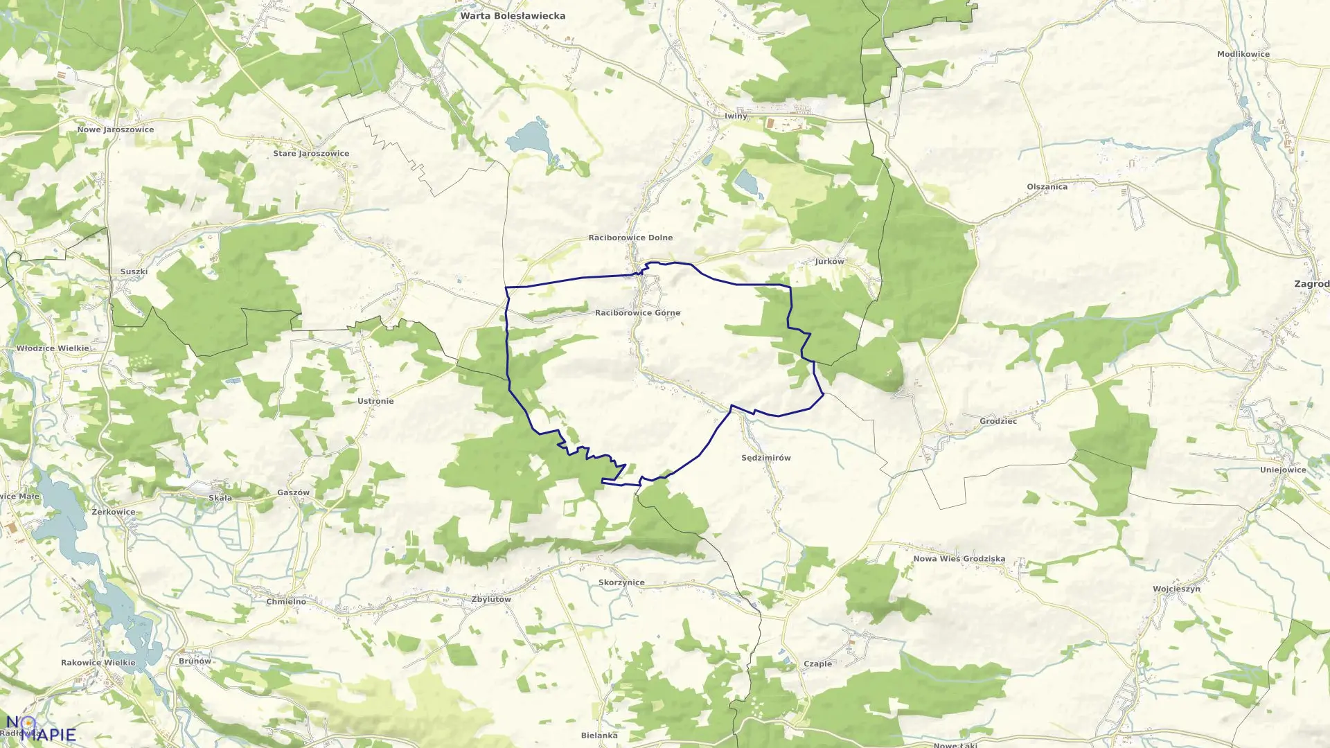 Mapa obrębu RACIBOROWICE GÓRNE w gminie Warta Bolesławiecka